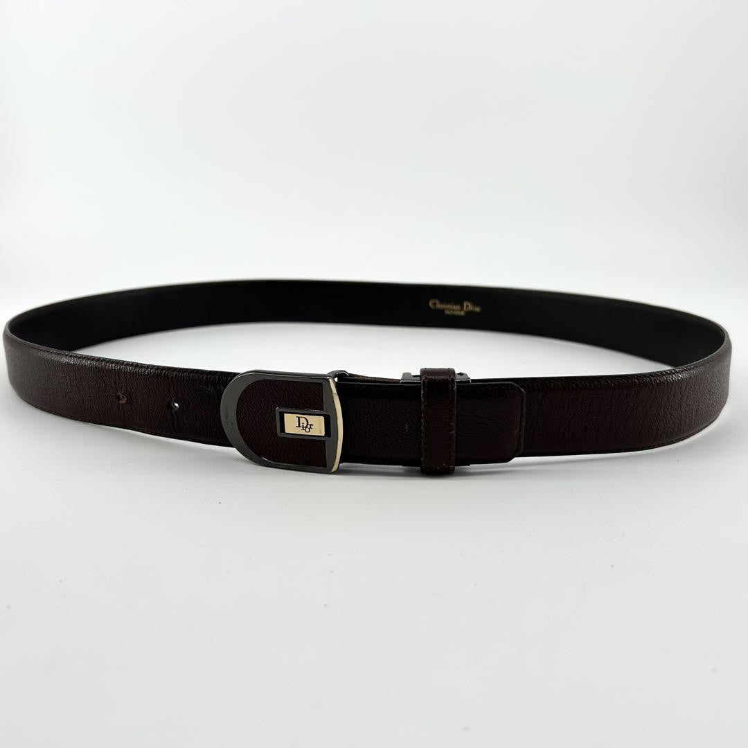 Christian Dior Men's Belt Logo Leather Gold Dark Brown Authentic