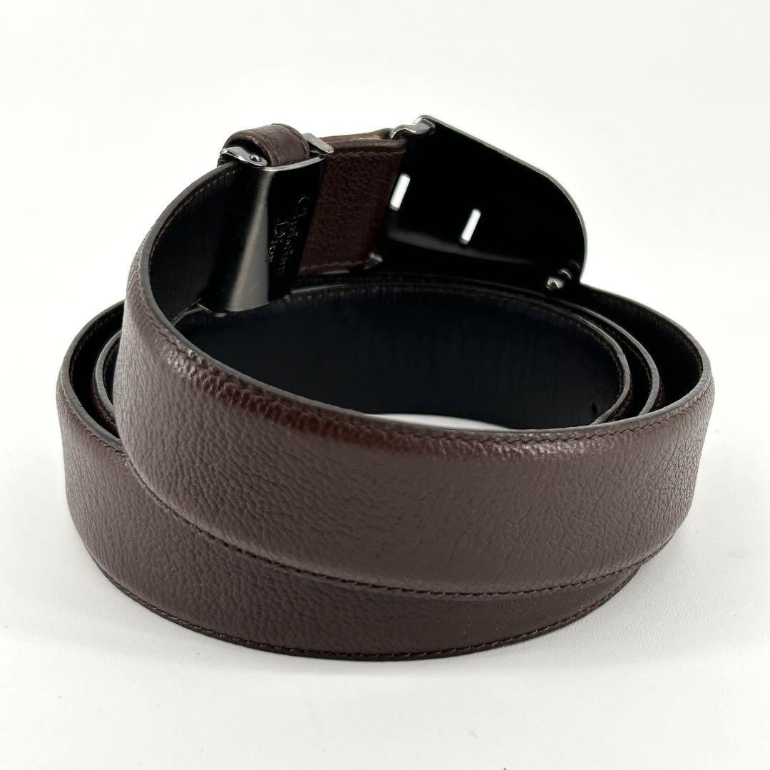 Christian Dior Men's Belt Logo Leather Gold Dark Brown Authentic