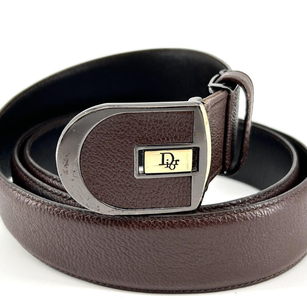 Christian Dior Men's Belt Logo Leather Gold Dark Brown Authentic