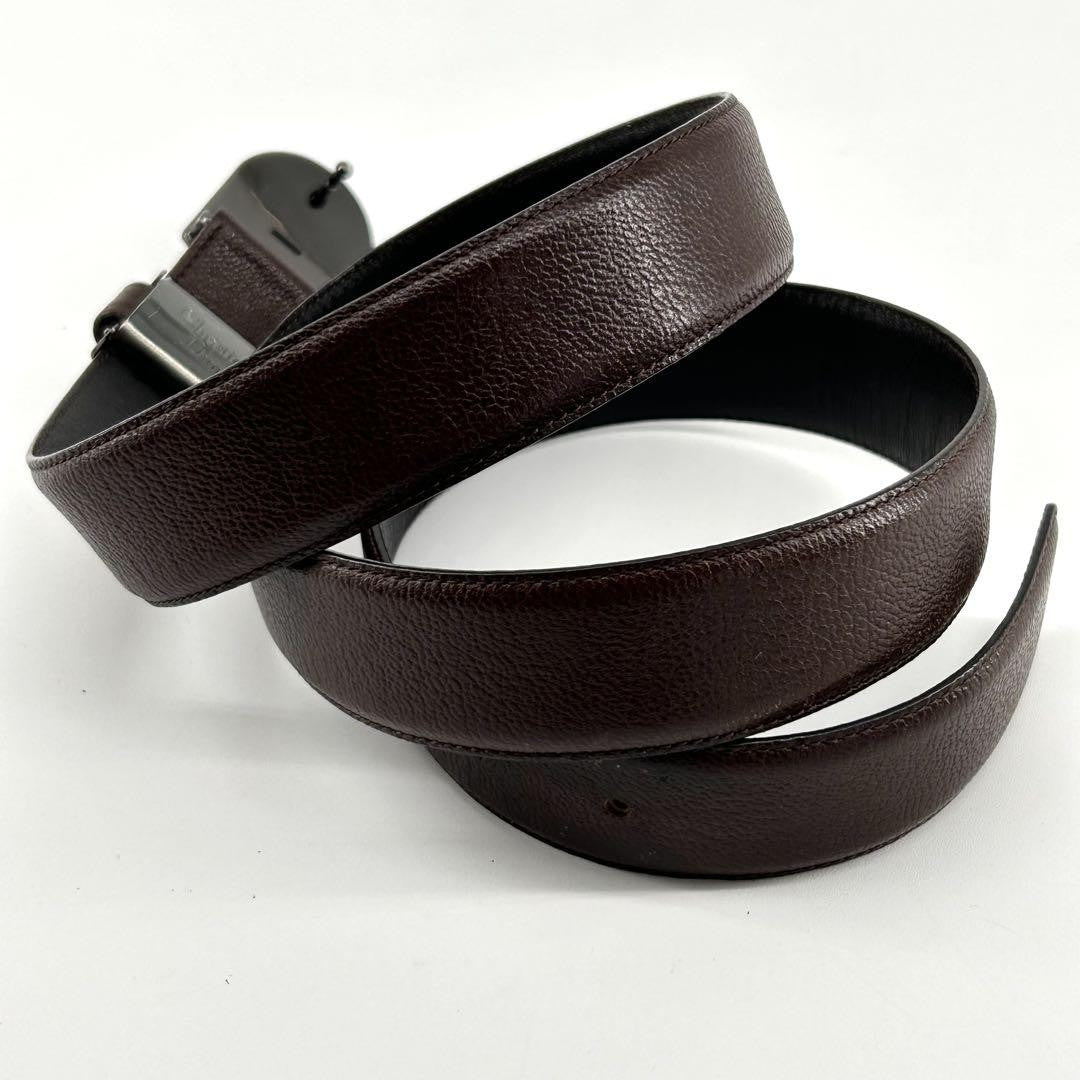 Christian Dior Men's Belt Logo Leather Gold Dark Brown Authentic