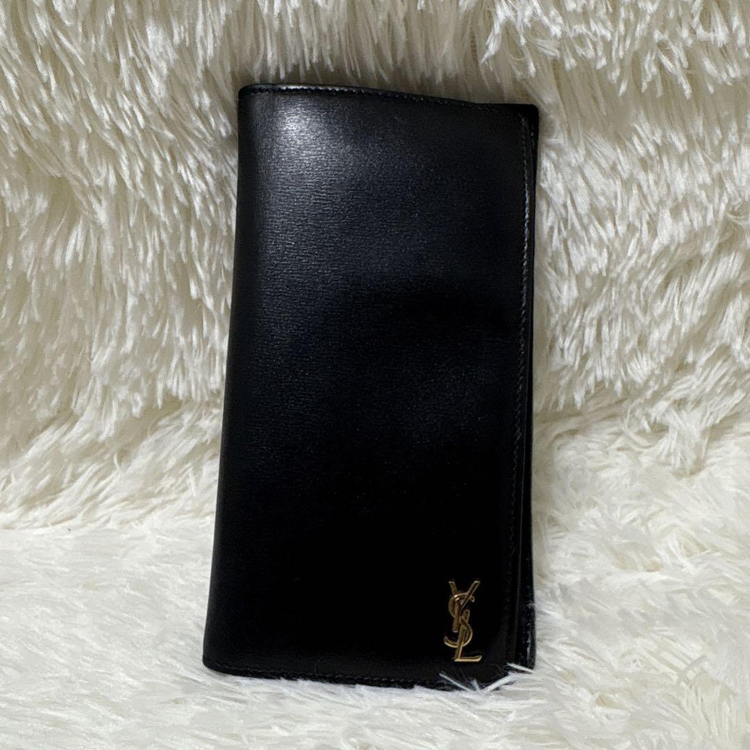 Saint Laurent Flap Wallet Long Purse YSL Cassandra Leather Black Auth
