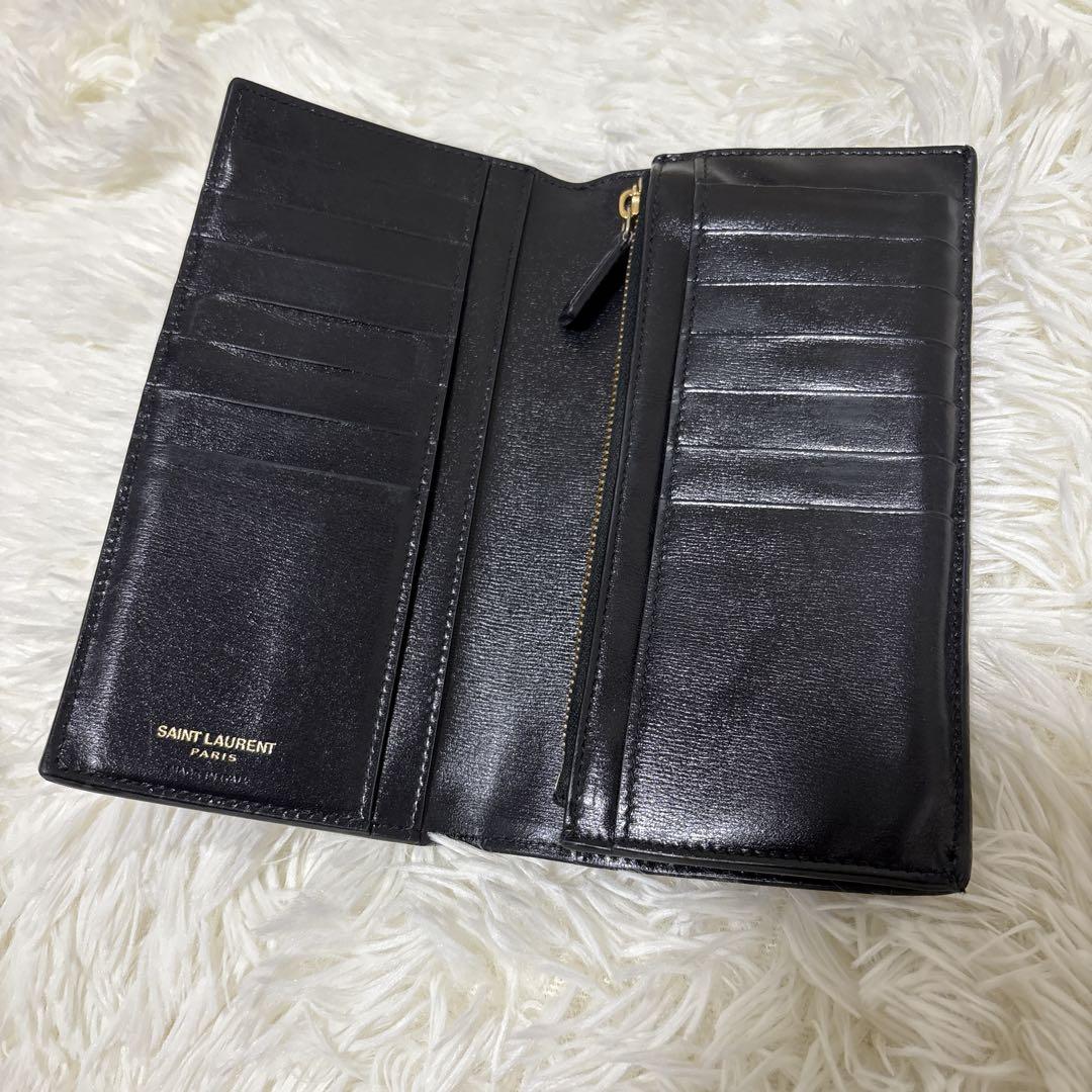 Saint Laurent Flap Wallet Long Purse YSL Cassandra Leather Black Auth