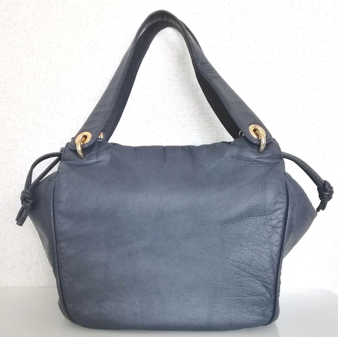 LOEWE Hand Bag Tote Purse Anagram Leather Nylon Navy Gray Authentic