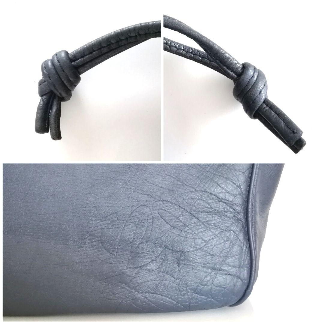 LOEWE Hand Bag Tote Purse Anagram Leather Nylon Navy Gray Authentic