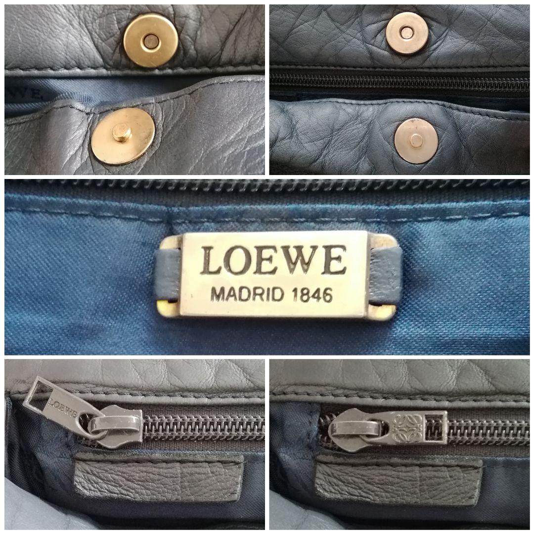LOEWE Hand Bag Tote Purse Anagram Leather Nylon Navy Gray Authentic