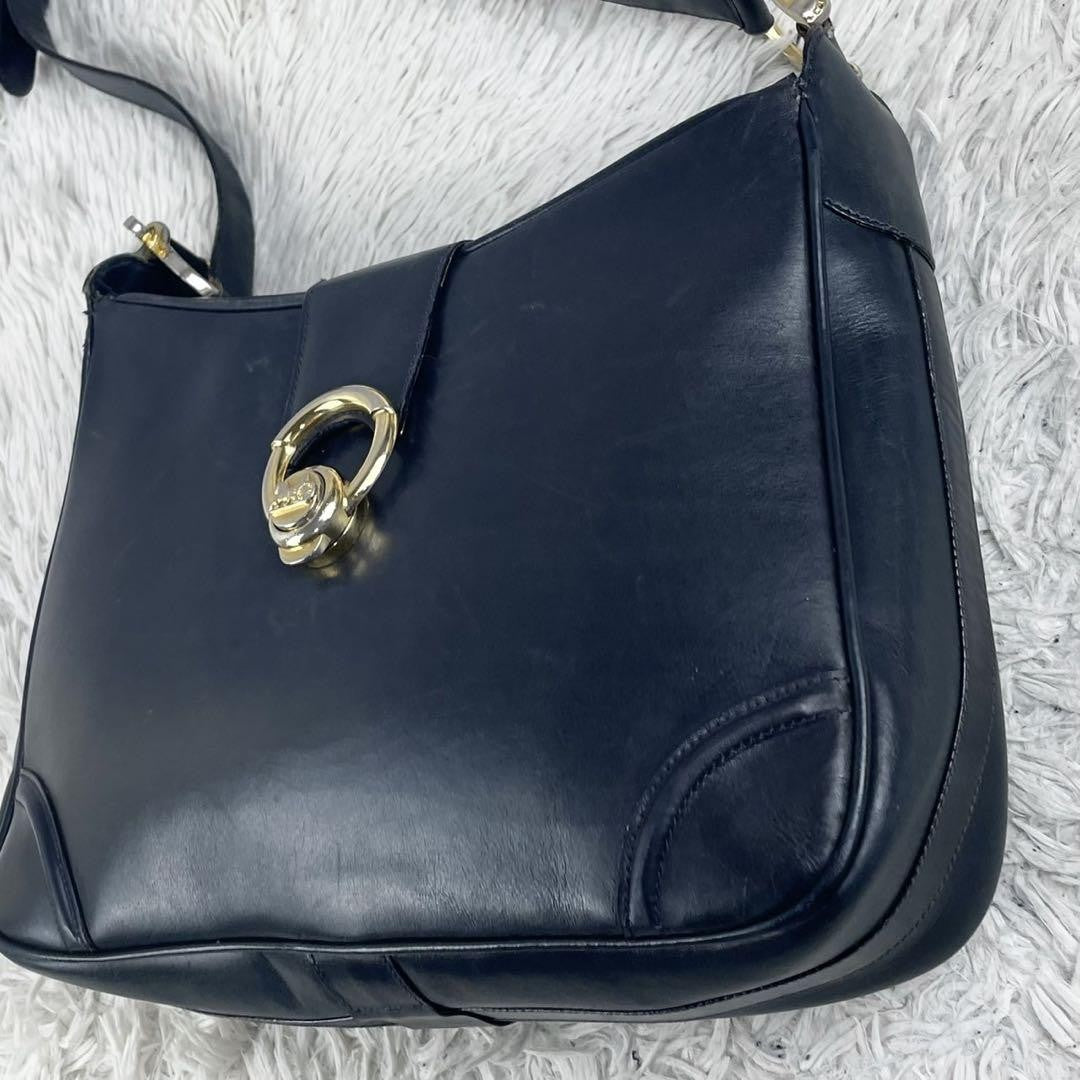 CELINE Shoulder Bag Purse Horse carriage Leather Navy Authentic