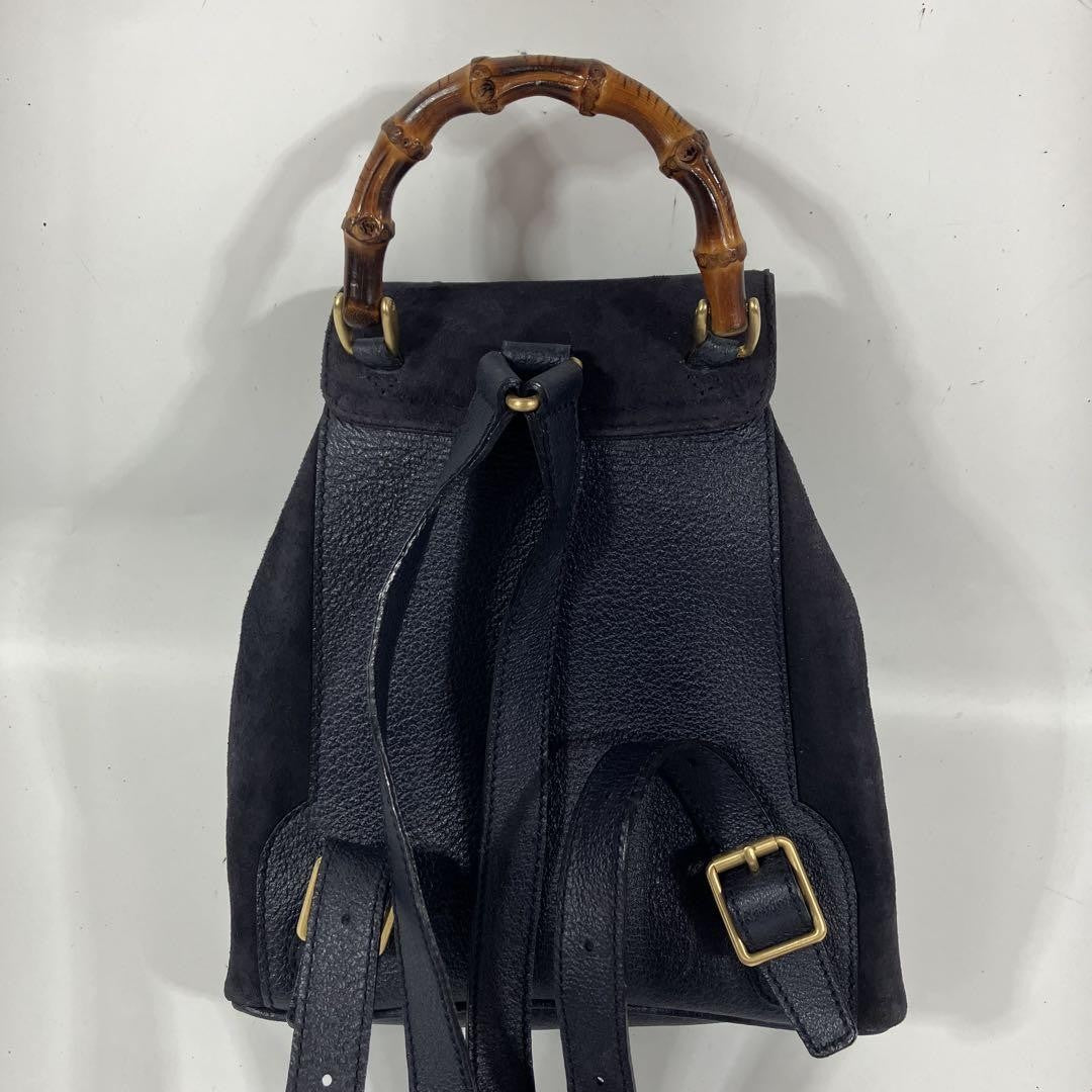 GUCCI Backpack Purse Suede Leather Navy Bamboo Used Unisex Authentic