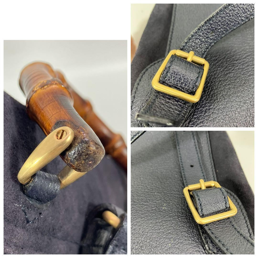 GUCCI Backpack Purse Suede Leather Navy Bamboo Used Unisex Authentic