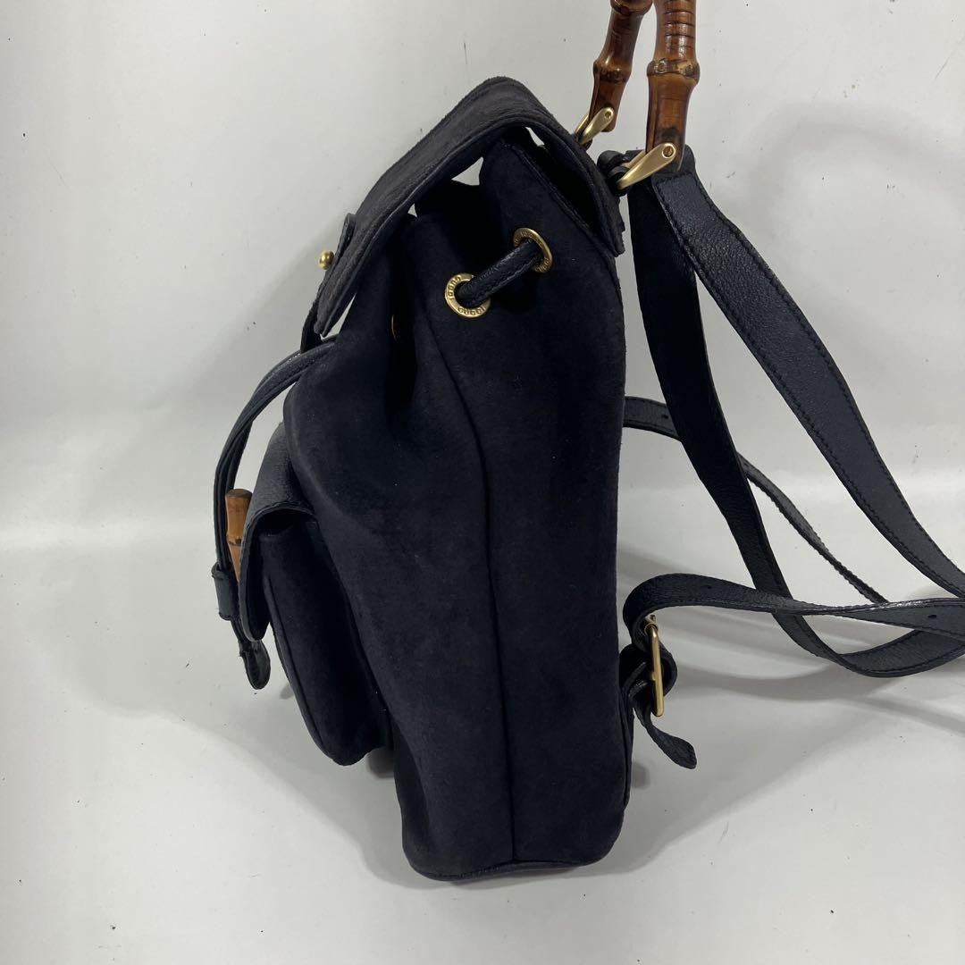 GUCCI Backpack Purse Suede Leather Navy Bamboo Used Unisex Authentic