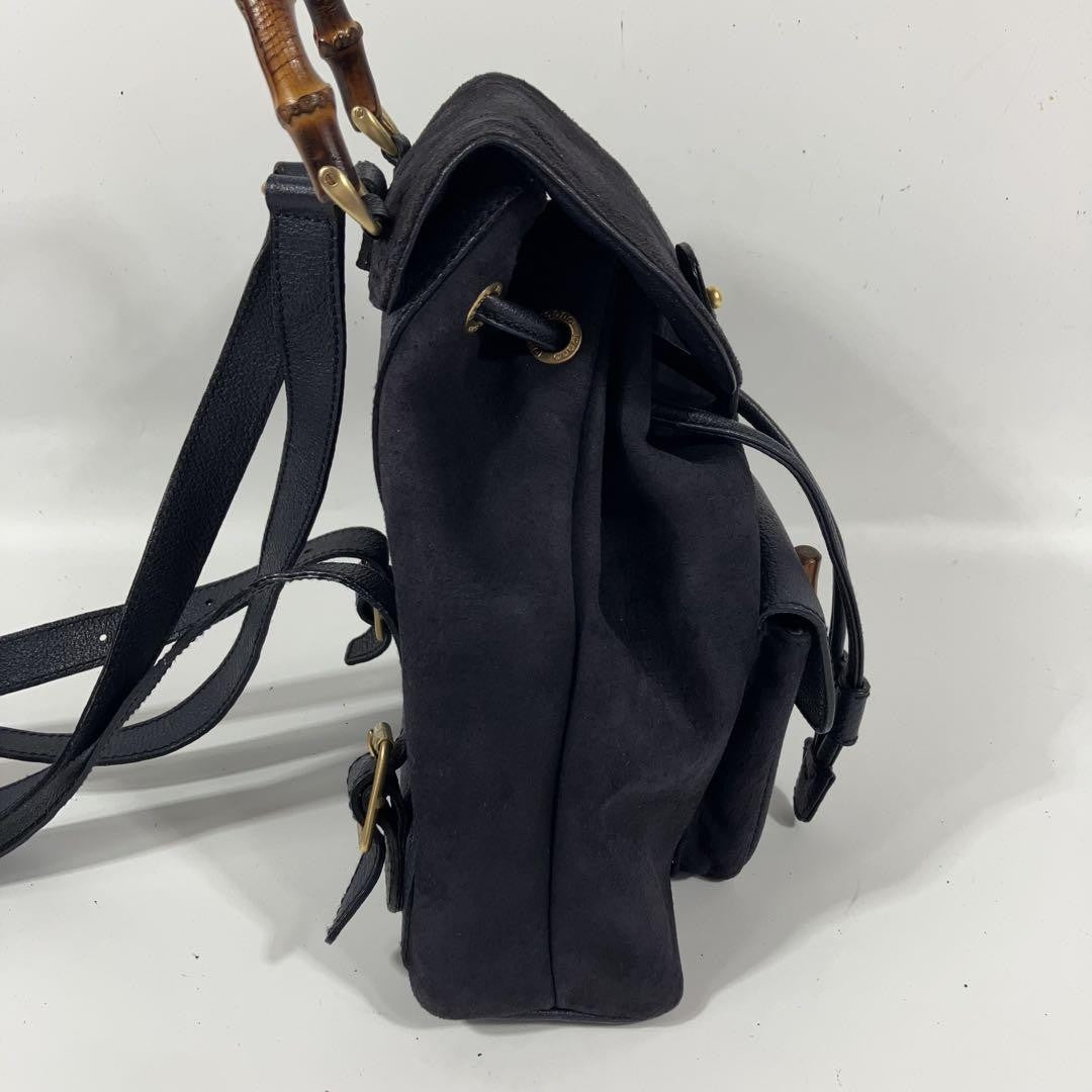 GUCCI Backpack Purse Suede Leather Navy Bamboo Used Unisex Authentic