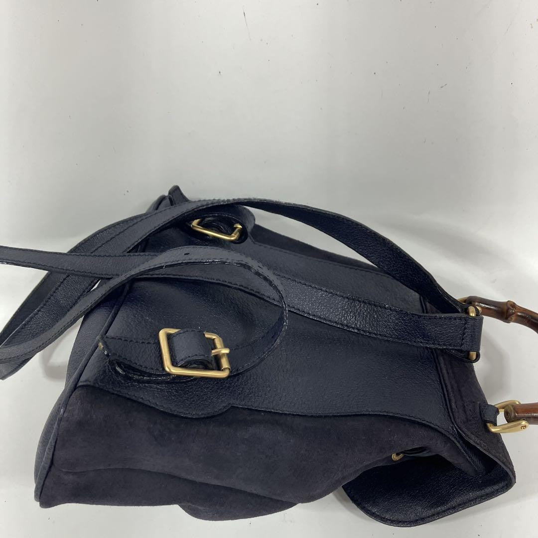 GUCCI Backpack Purse Suede Leather Navy Bamboo Used Unisex Authentic