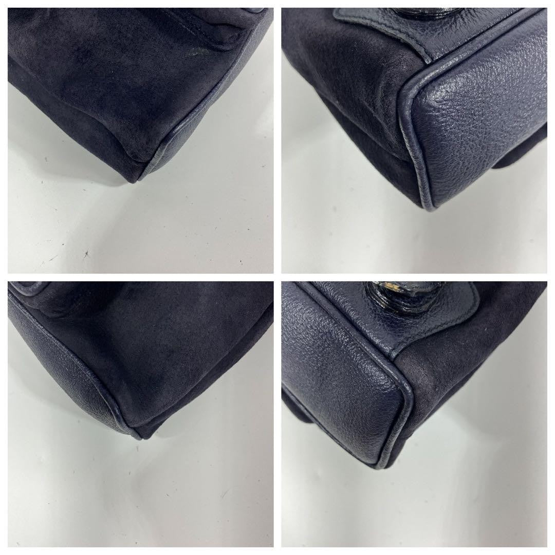 GUCCI Backpack Purse Suede Leather Navy Bamboo Used Unisex Authentic