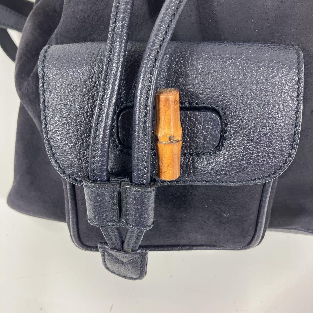 GUCCI Backpack Purse Suede Leather Navy Bamboo Used Unisex Authentic