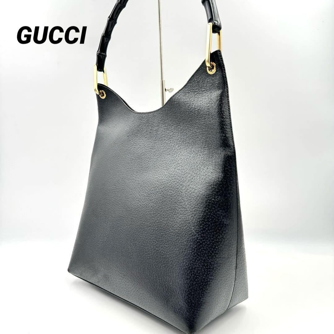 GUCCI Handbag Purse Bamboo black Gold leather with pouch Used Authentic Unisex