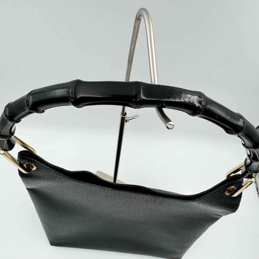 GUCCI Handbag Purse Bamboo black Gold leather with pouch Used Authentic Unisex