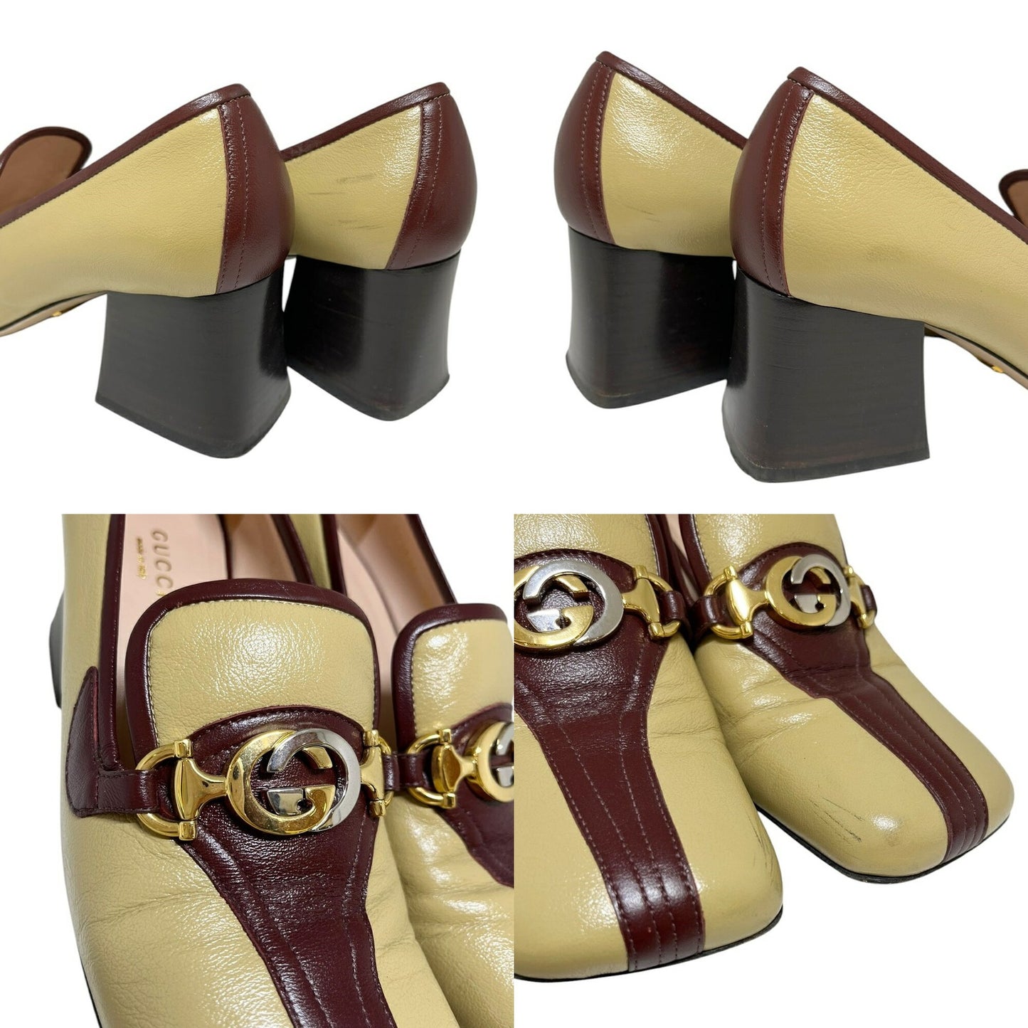 GUCCI Loafers Shoes Horse Bit EU 36.5 US 6.5 Leather Beige Red Authentic