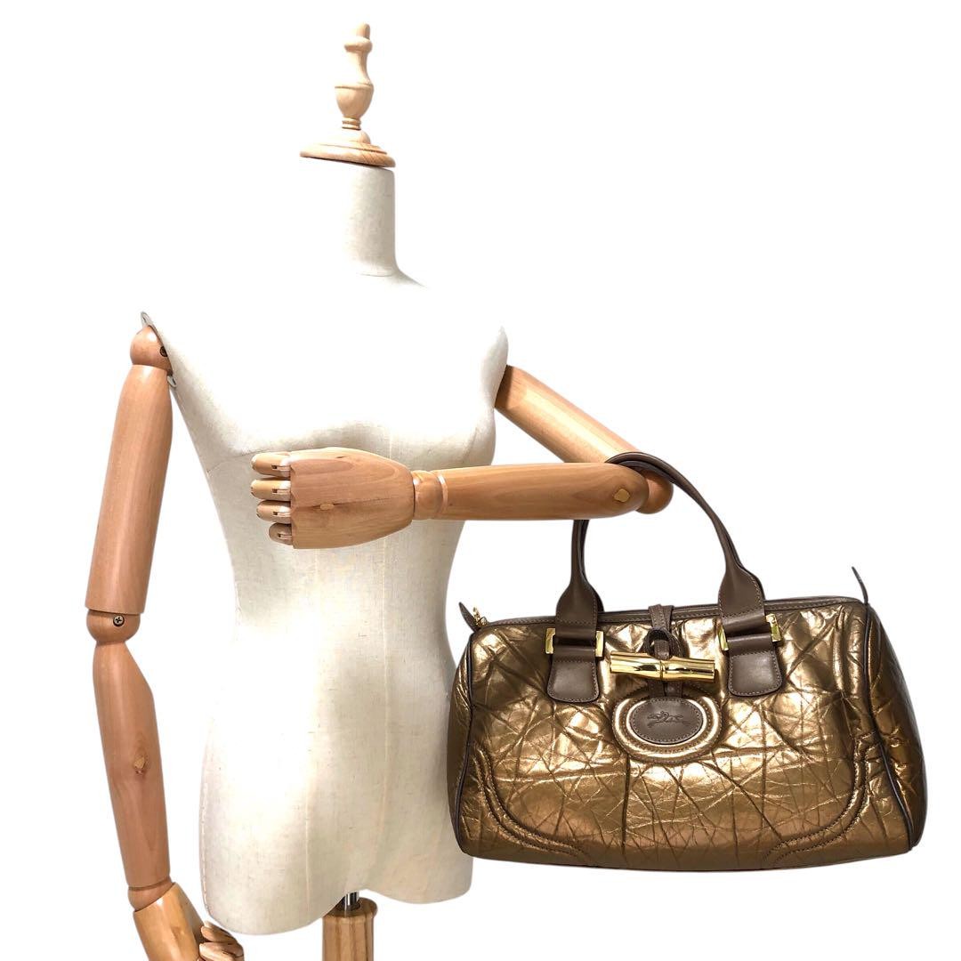 Longchamp Hand Bag Tote Purse Leather Gold Authentic