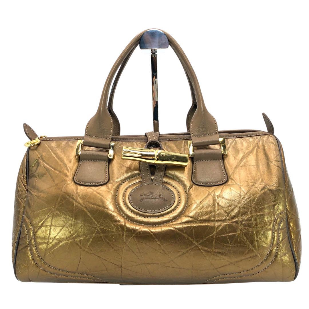 Longchamp Hand Bag Tote Purse Leather Gold Authentic
