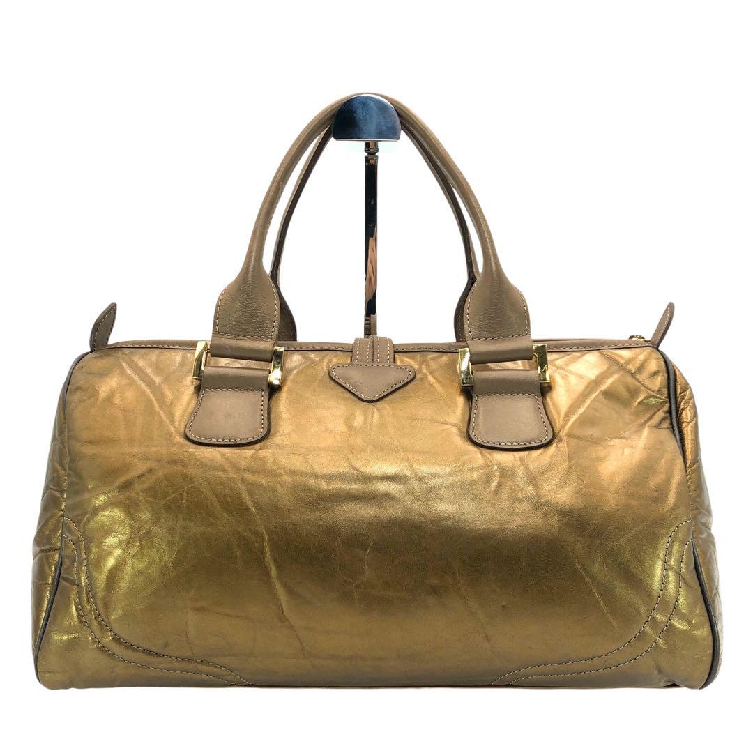 Longchamp Hand Bag Tote Purse Leather Gold Authentic
