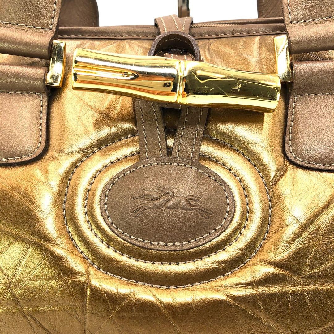 Longchamp Hand Bag Tote Purse Leather Gold Authentic