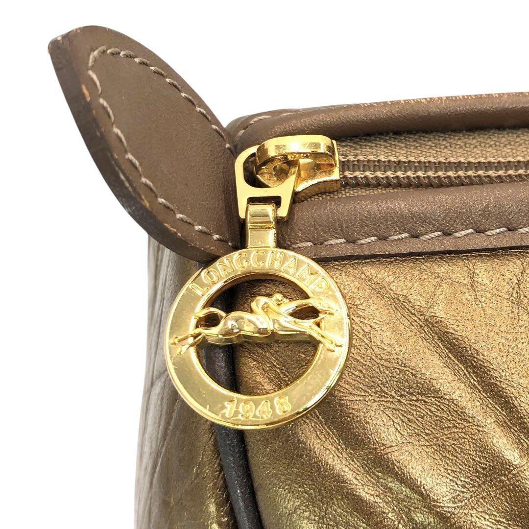 Longchamp Hand Bag Tote Purse Leather Gold Authentic