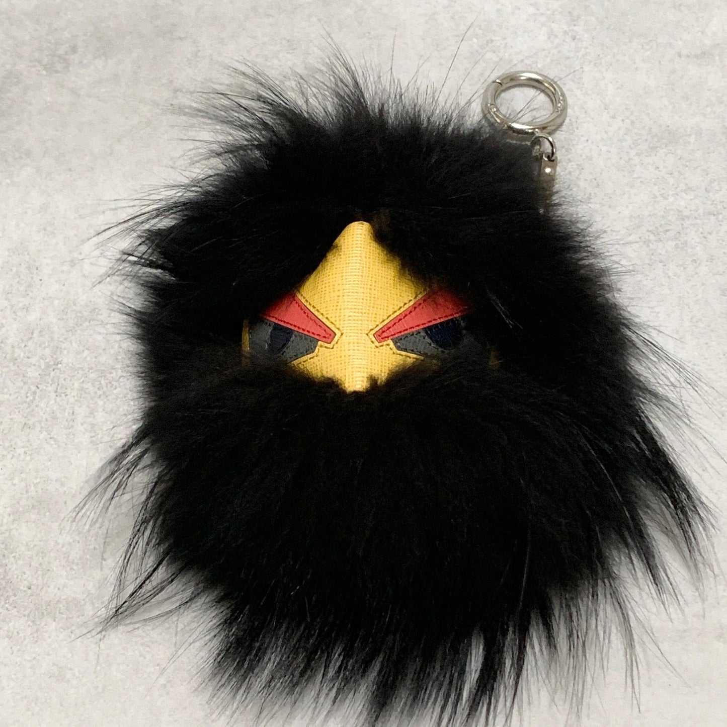 FENDI Bag Charm Monster Key Holder Strap Fur Leather Black Yellow Used Authentic