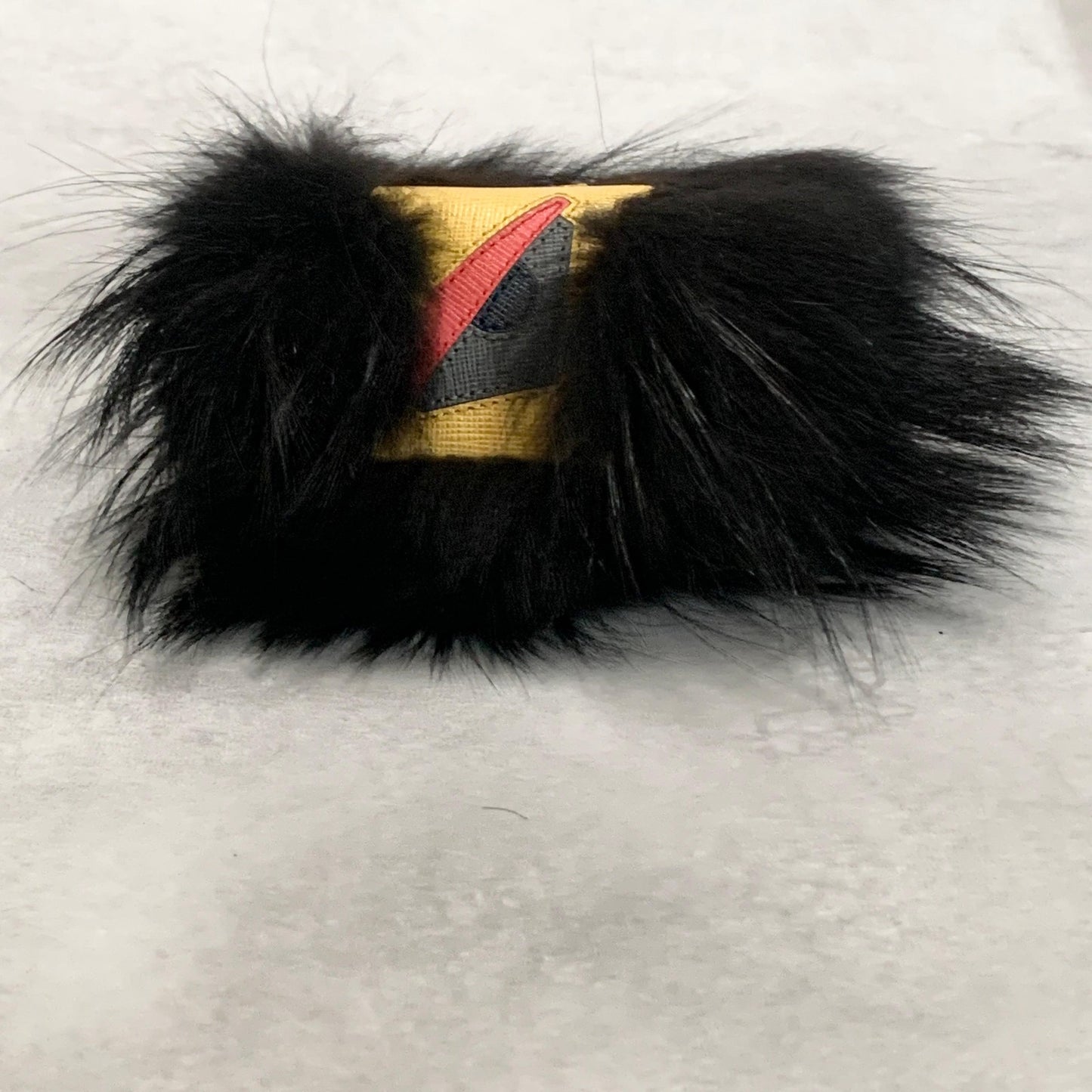FENDI Bag Charm Monster Key Holder Strap Fur Leather Black Yellow Used Authentic