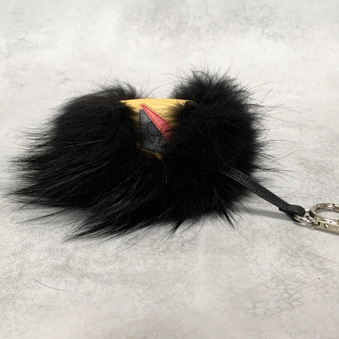 FENDI Bag Charm Monster Key Holder Strap Fur Leather Black Yellow Used Authentic