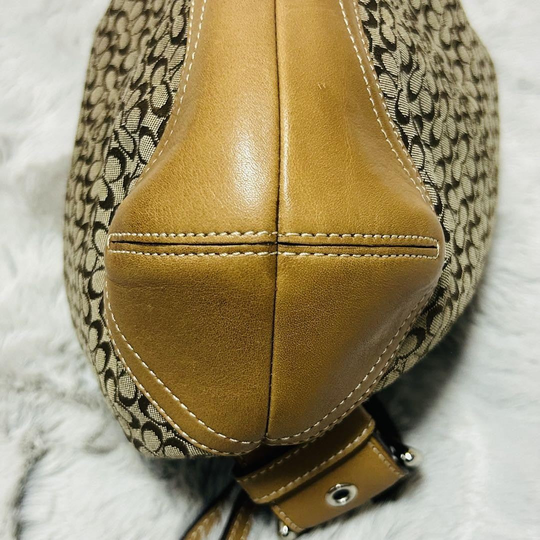 COACH Hand Shoulder Bag Tote Purse Signature Suede Leather Brown Authentic