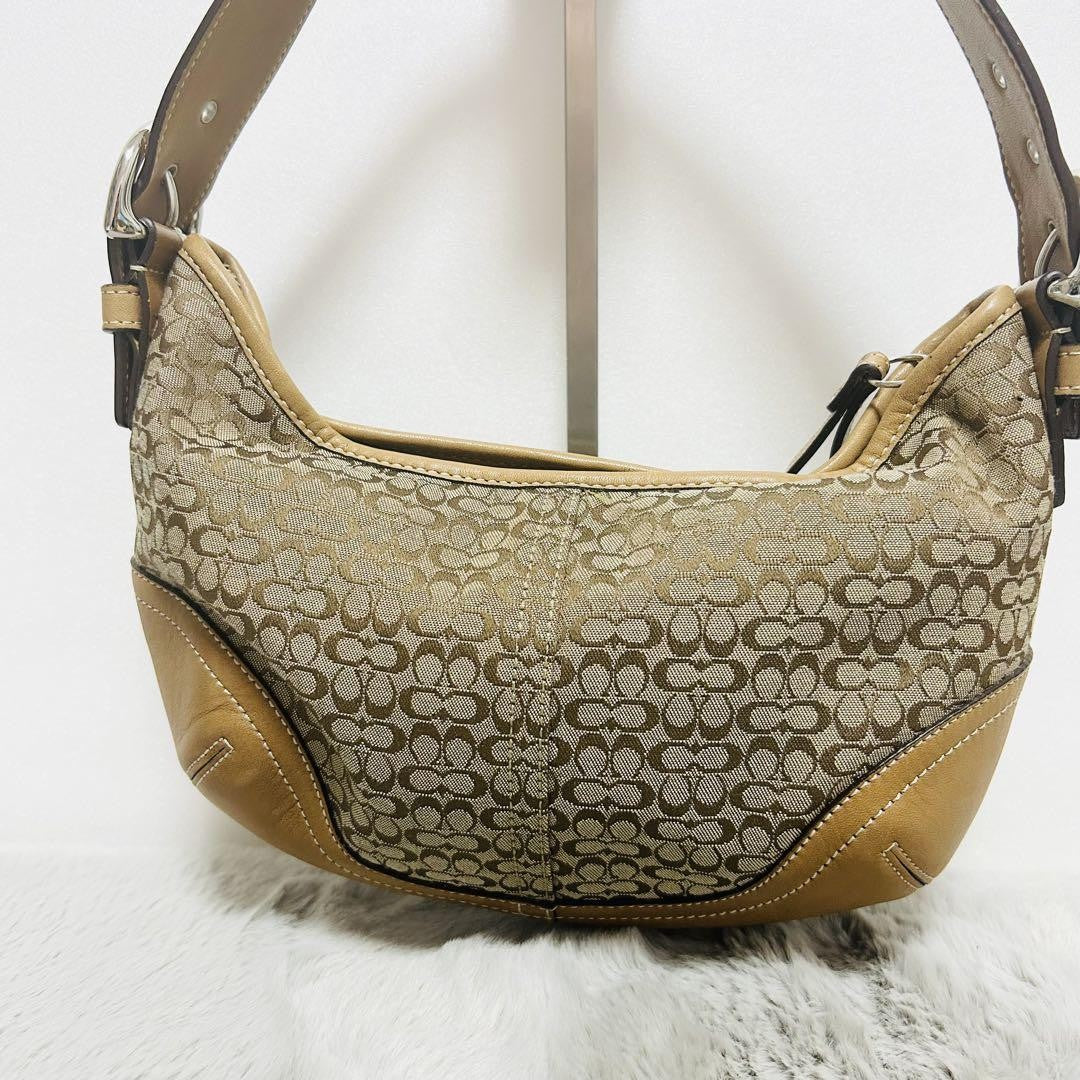 COACH Hand Shoulder Bag Tote Purse Signature Suede Leather Brown Authentic