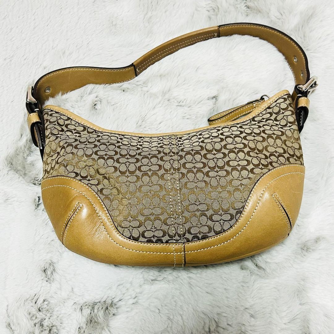 COACH Hand Shoulder Bag Tote Purse Signature Suede Leather Brown Authentic