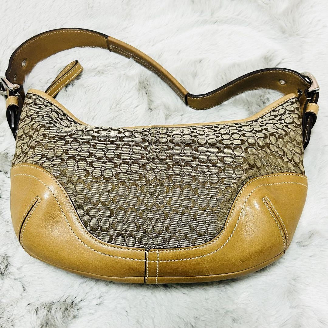 COACH Hand Shoulder Bag Tote Purse Signature Suede Leather Brown Authentic