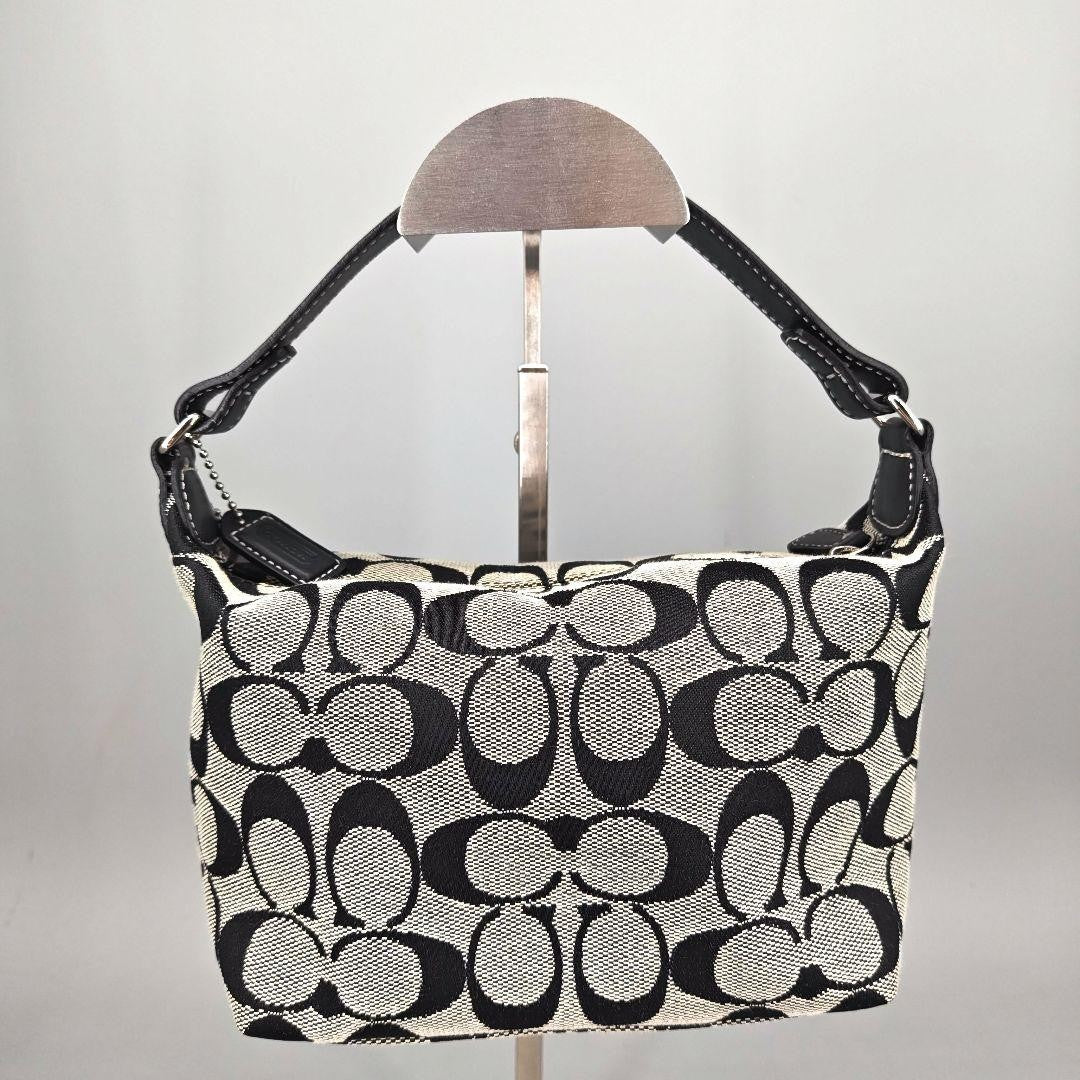 COACH Accessory Pouch Hand Bag Tote Purse Signature Canvas Leather Black Auth