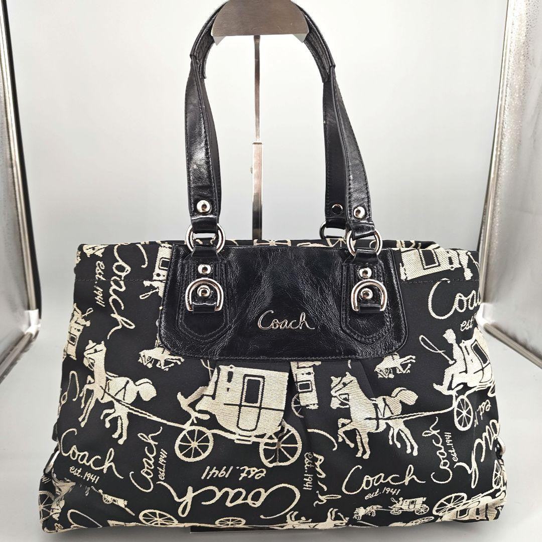 COACH Hand Bag Tote Purse Canvas Leather Black Authentic