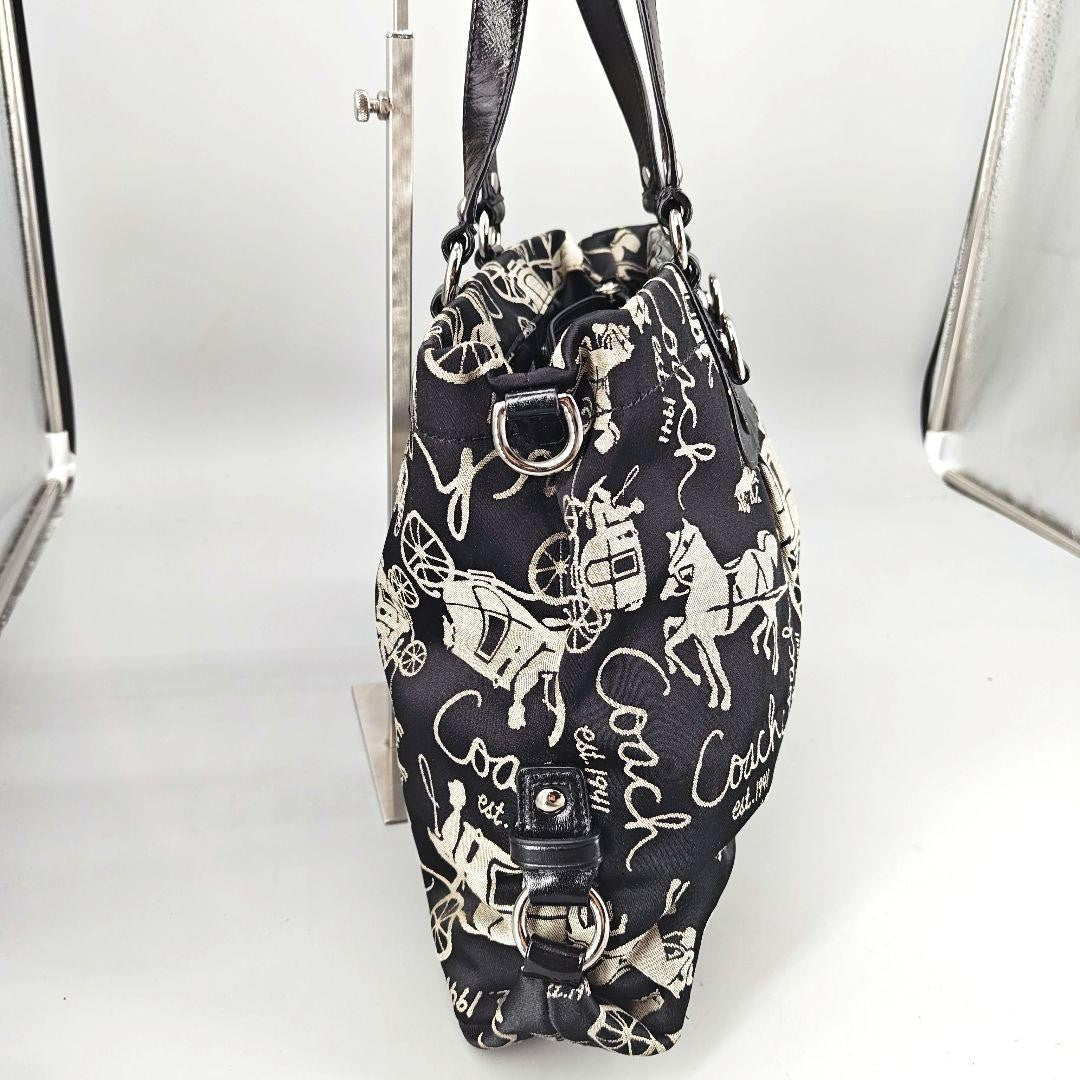 COACH Hand Bag Tote Purse Canvas Leather Black Authentic