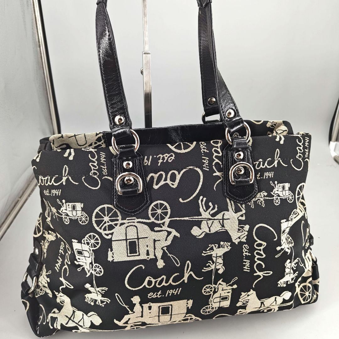 COACH Hand Bag Tote Purse Canvas Leather Black Authentic