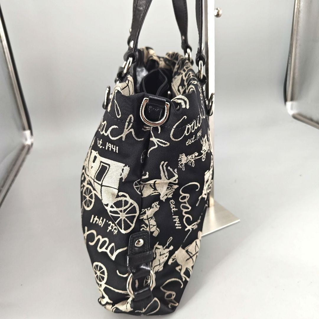 COACH Hand Bag Tote Purse Canvas Leather Black Authentic
