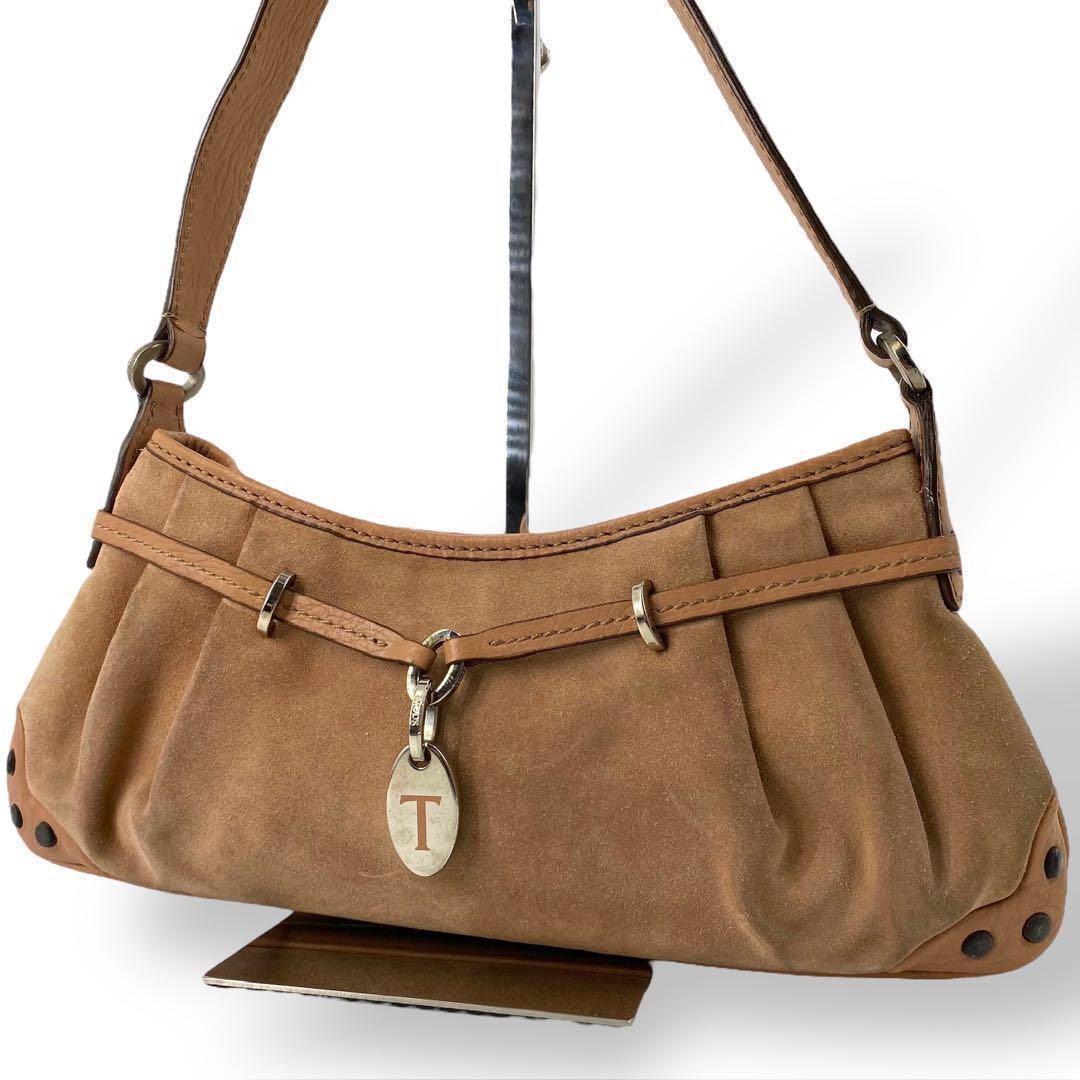 TOD'S Shoulder Bag Purse Suede Leather Brown Beige Authentic