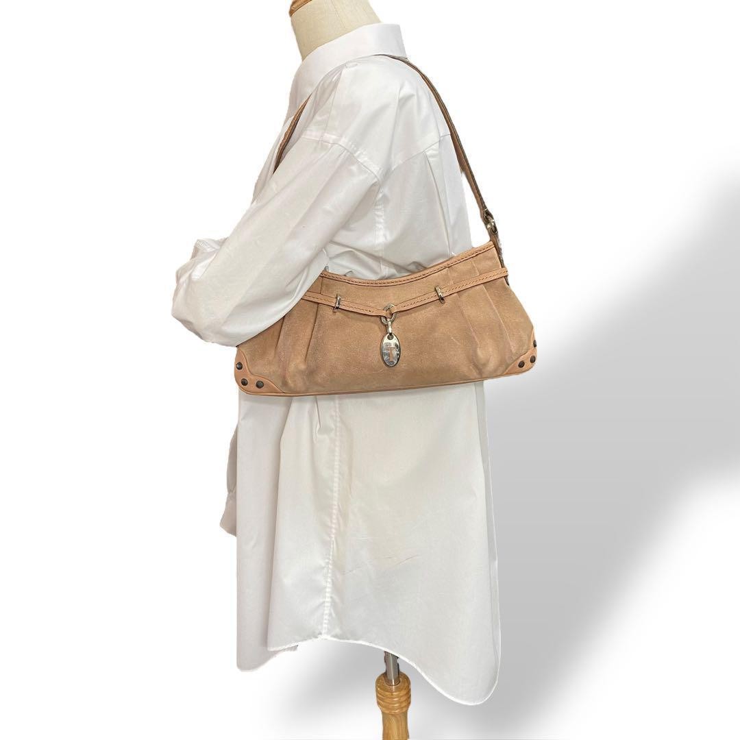 TOD'S Shoulder Bag Purse Suede Leather Brown Beige Authentic