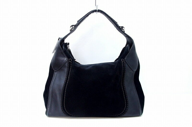 TOD'S Shoulder Bag Purse Suede Leather Black Authentic