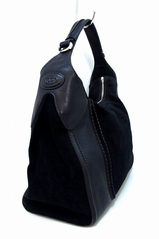 TOD'S Shoulder Bag Purse Suede Leather Black Authentic