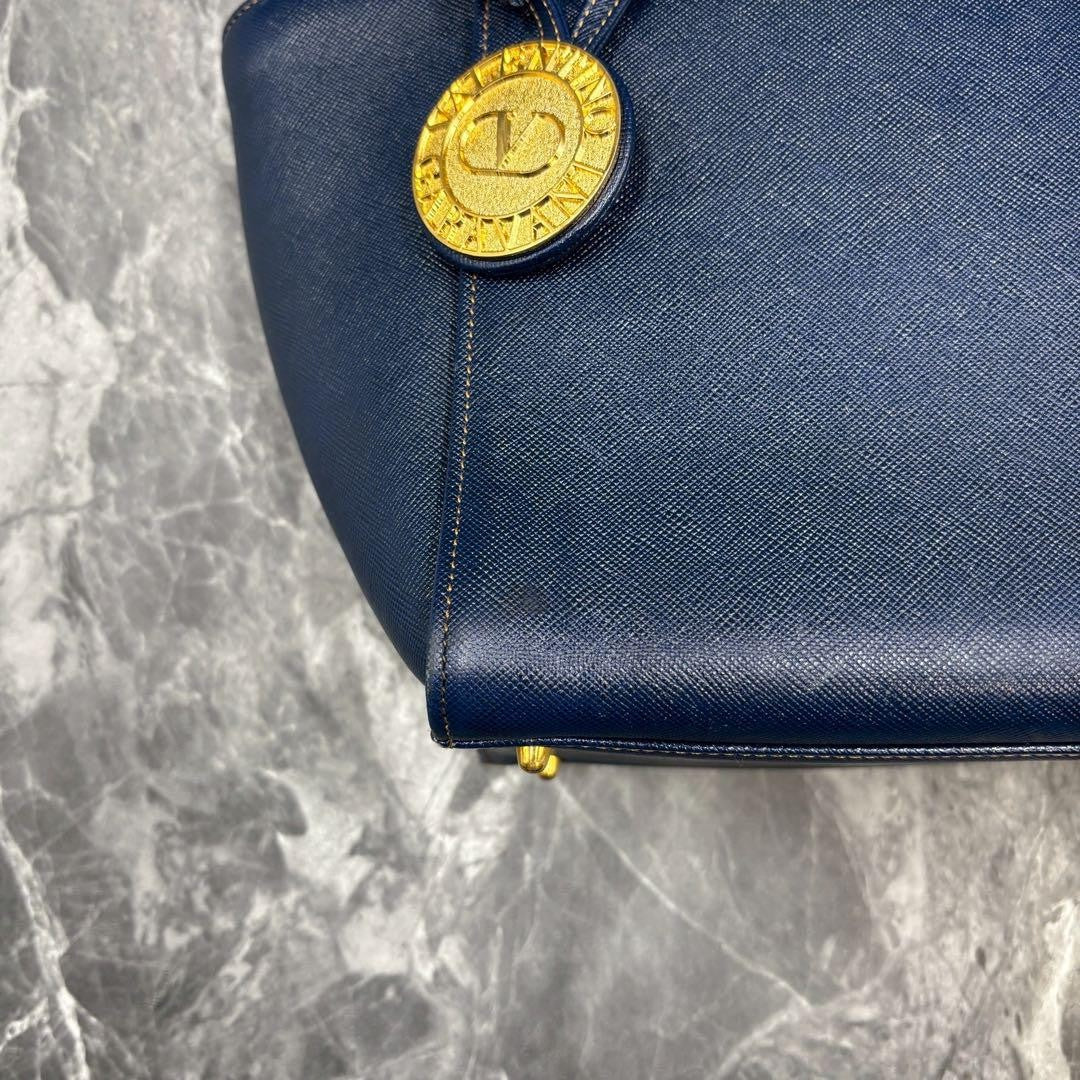 Valentino Garavani Hand Bag Tote Purse Leather Navy Authentic