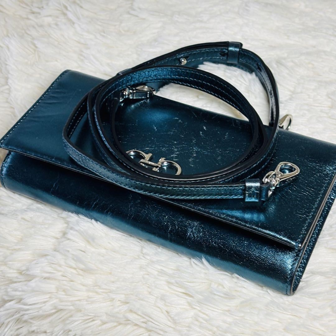 Salvatore Ferragamo Mini Shoulder Wallet 2way Gancini Metallic Blue Authentic