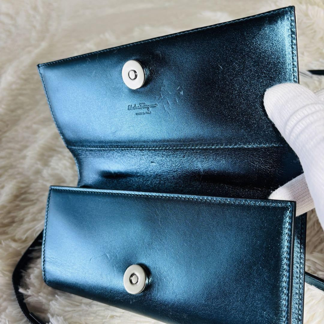 Salvatore Ferragamo Mini Shoulder Wallet 2way Gancini Metallic Blue Authentic
