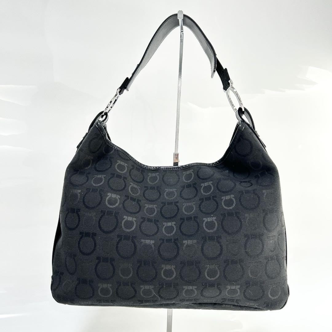 Salvatore Ferragamo Hand Bag Tote Purse Gancini Canvas Leather Black Authentic