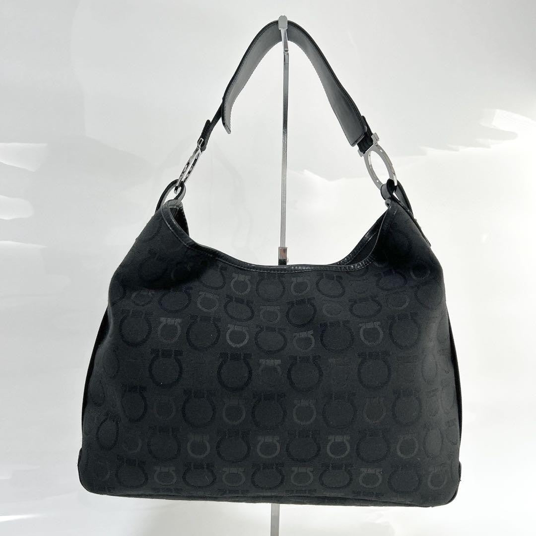 Salvatore Ferragamo Hand Bag Tote Purse Gancini Canvas Leather Black Authentic