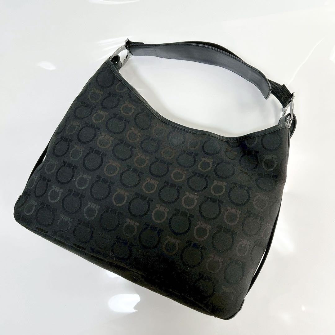 Salvatore Ferragamo Hand Bag Tote Purse Gancini Canvas Leather Black Authentic