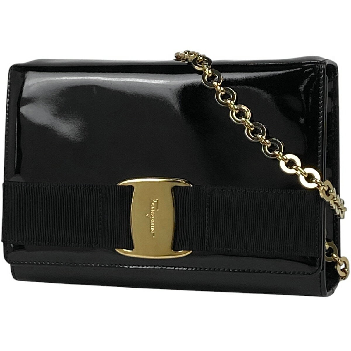 Salvatore Ferragamo Shoulder Bag Purse 2way Vara Chain Patent Leather Black Auth