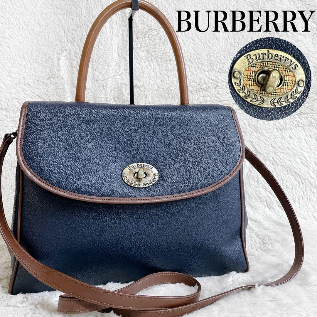 BURBERRY Shoulder Bag Purse Nova Check Leather Navy Brown Authentic