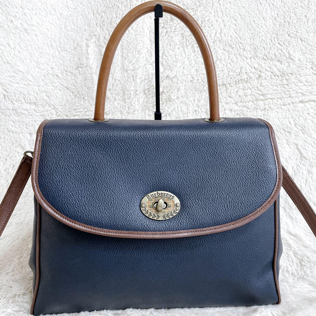 BURBERRY Shoulder Bag Purse Nova Check Leather Navy Brown Authentic